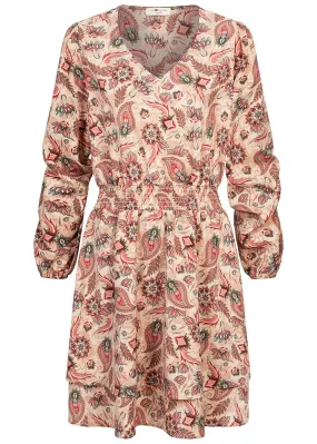 Aiki Dames Jurk met lange mouwen en oosters dessin beige